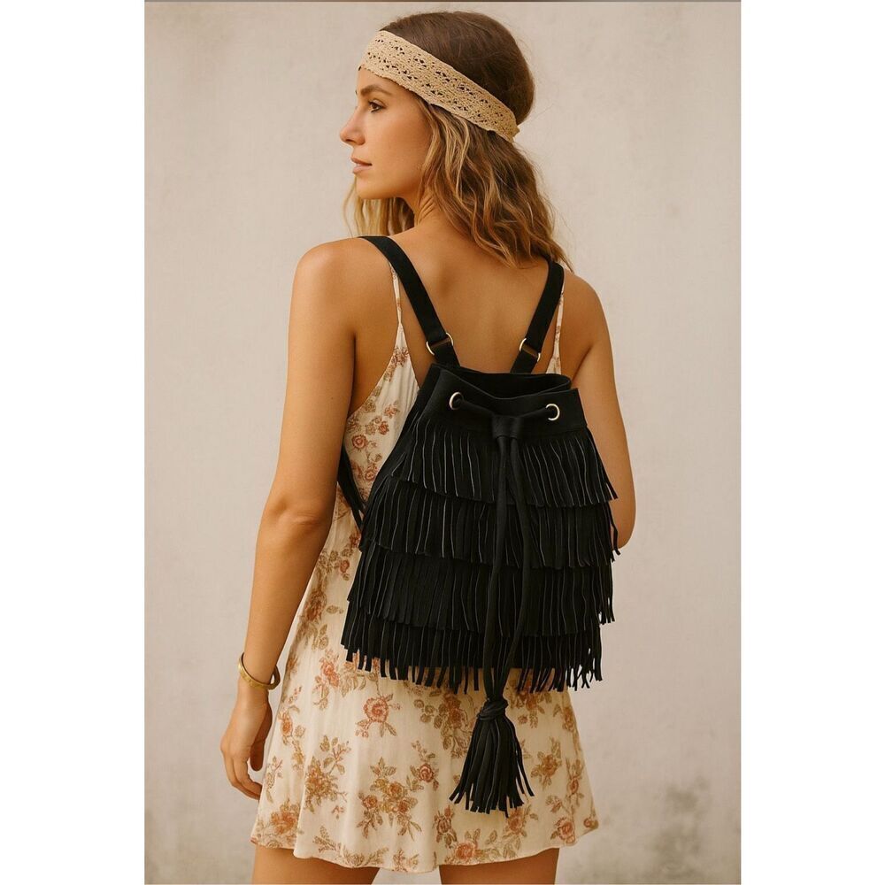 Guadalupe Camila Fringe Leather Backpack Bohemian Hippie Festival Tassel NWT